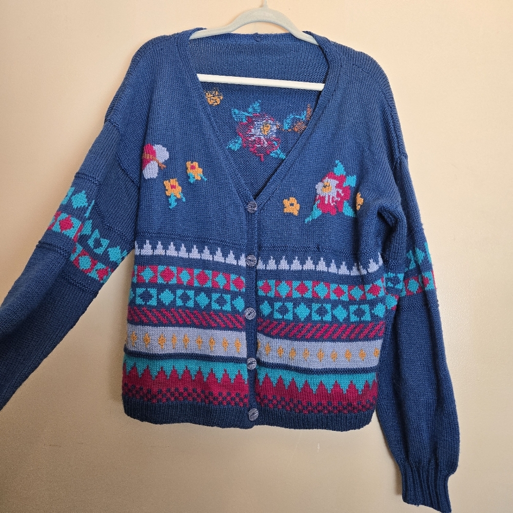 Vintage Chunky Knit Flower Cardigan Sweater Multicolored Bright Boho Cottagecore